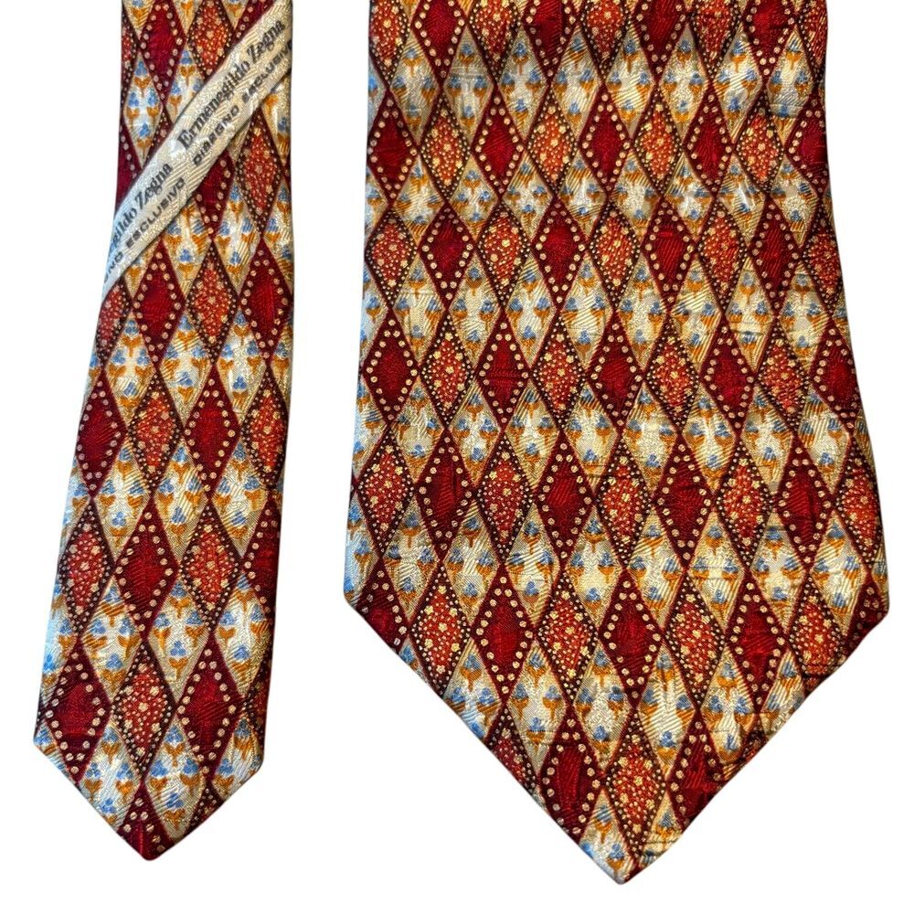 Ermenegildo Zegna Neck Tie Red Gold Geometric 100% Silk Designer Mens Made Italy